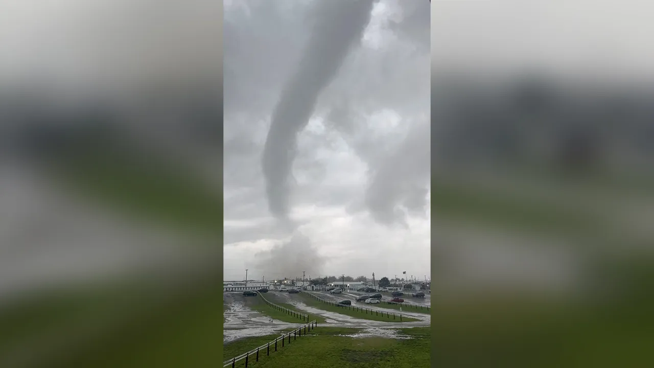 A waterspout turned tornado, according to the National Weather Service, in Atlantic Beach, New York, U.S., August 20, 2026, in this screen grab obtained from a social media video. @docdondon/Instagram/via REUTERS THIS IMAGE HAS BEEN SUPPLIED BY A THIRD PARTY. MANDATORY CREDIT. NO RESALES. NO ARCHIVES. VERIFICATION: - Parking lot layout, buildings and structures matched archive and satellite imagery. - Date verified by original file metadata. - National Weather Service said a waterspout turned into a tornado