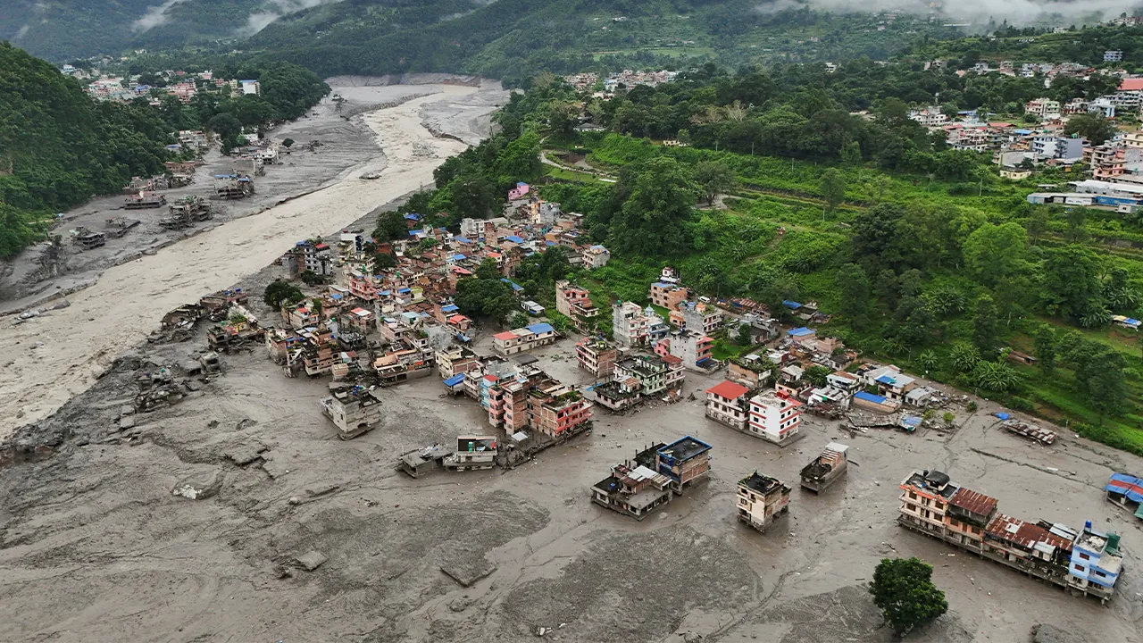 A drone view shows mud covering buildings and property following a flash flood in Trishuli, Nuwakot district, Nepal, August 27, 2026. REUTERS/Navesh Chitrakar TPX IMAGES OF THE DAY