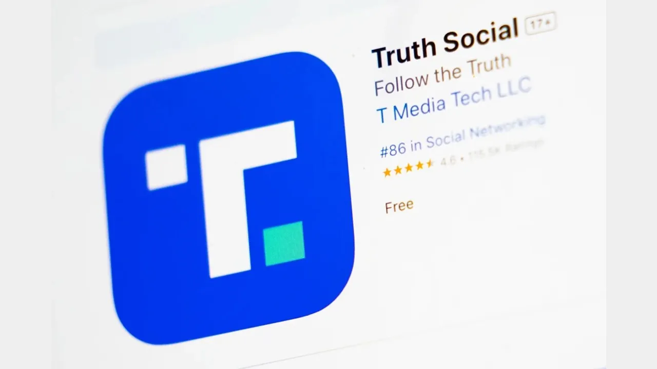 The download screen for the Truth Social app is displayed on a laptop computer, March 20, 2024, in New York. (AP Photo/John Minchillo, File)