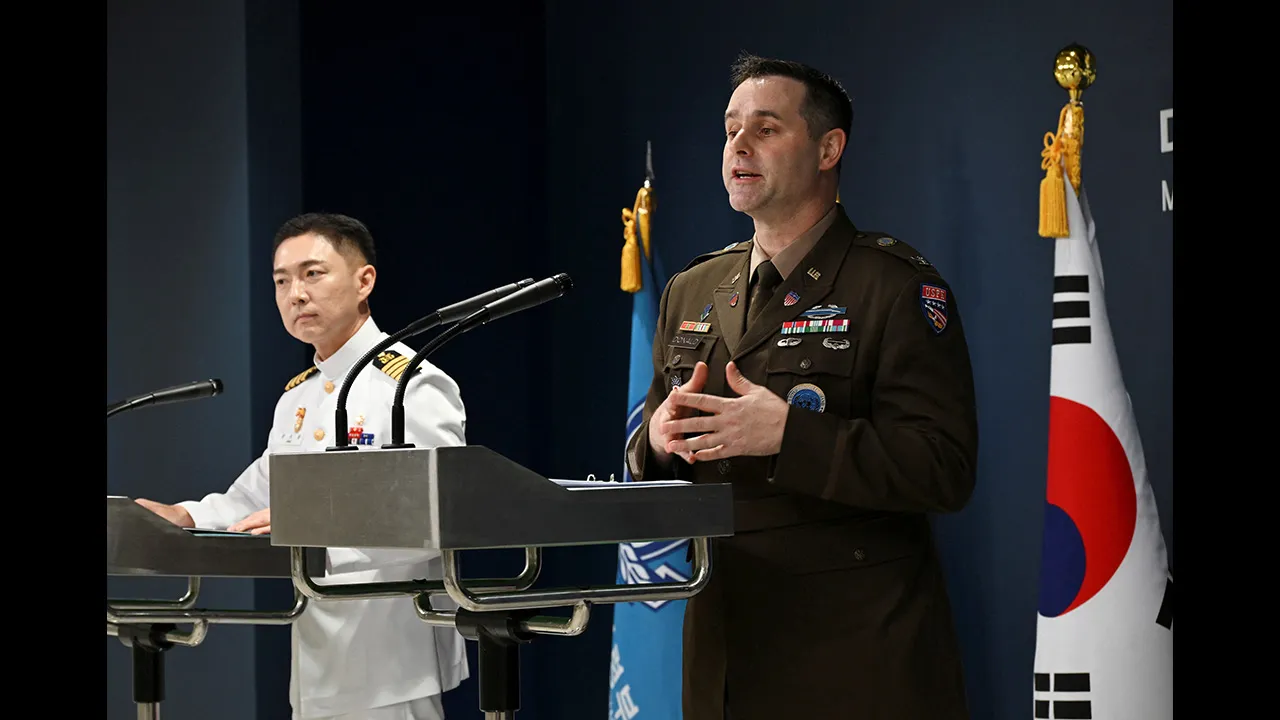 Col. Jang Do-young public affairs director of South Korea's Joint Chiefs of Staff and Col. Ryan Donald public affairs director of the United Nations Command (UNC), Combined Forces Command (CFC), and United States Forces Korea (USFK) attend the press briefing for the Ulchi Freedom Shield 2026 exercise at the Defense Ministry on August 10, 2026 in Seoul, South Korea. Song Kyung-Seok/Pool via REUTERS