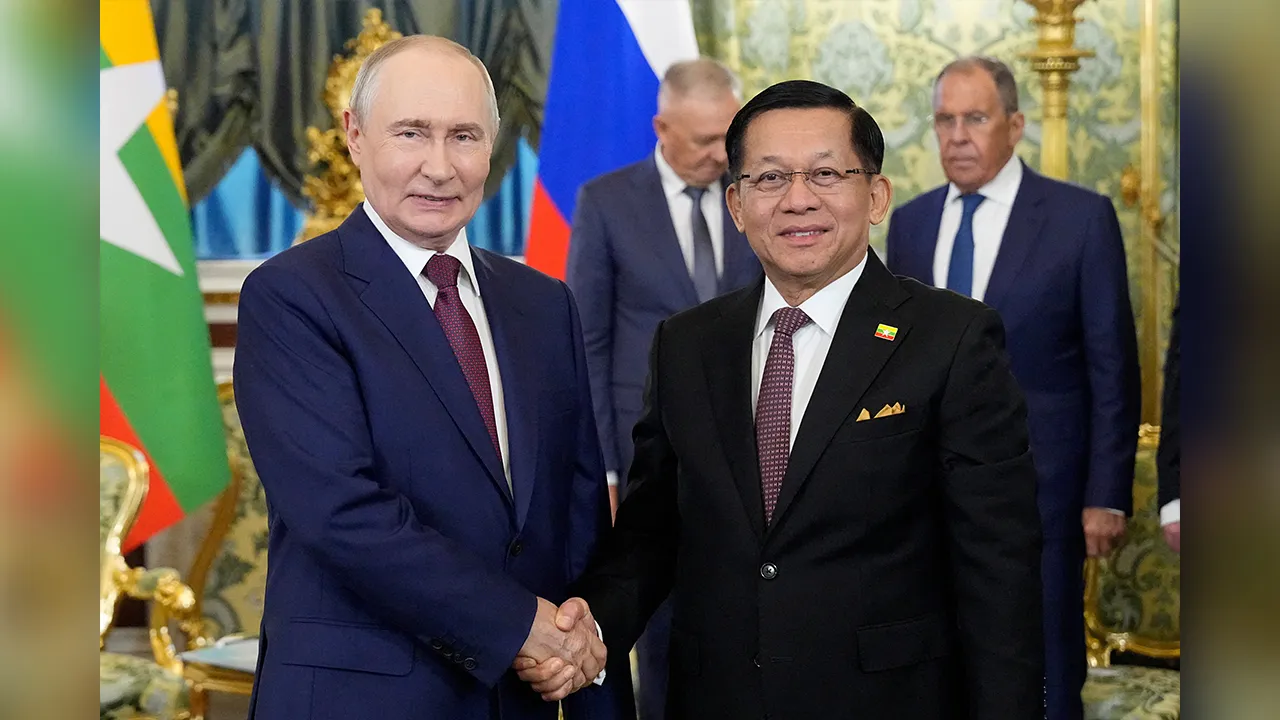Russian President Vladimir Putin shakes hands with Myanmar President Min Aung Hlaing during a meeting at the Grand Kremlin Palace in Moscow, Russia, August 18, 2026. Alexander Zemlianichenko/Pool via REUTERS