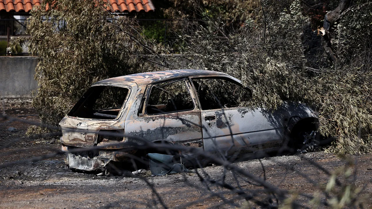 A view of a burnt car after a wildfire in Porto Germeno, Greece, August 5, 2026. REUTERS/Fedja Grulovic