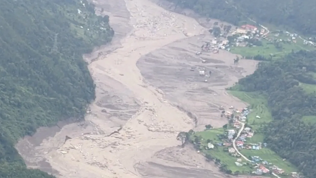 A muddy area viewed from a helicopter, in the aftermath of flash floods, in Rasuwa district, Nepal August 26, 2026 in this still image obtained from social media video. Pradip Pandit/Alpine Kailash Trek Pvt Ltd/via REUTERS