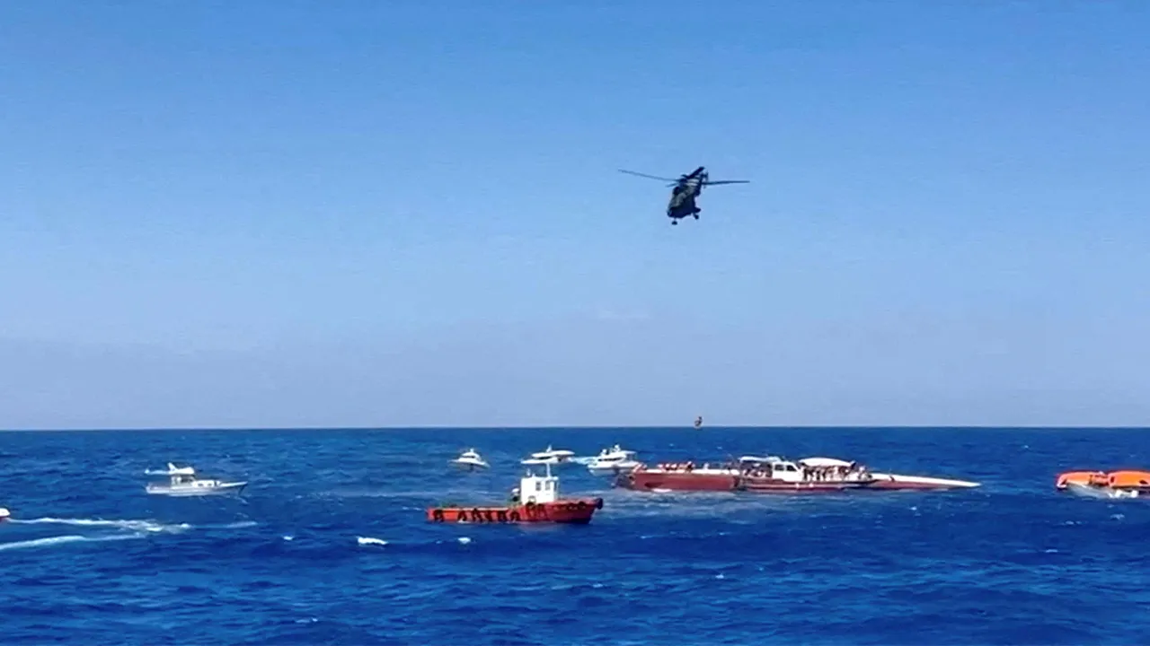 A helicopter rescues a passenger off a ferry that capsized off the coast of Northern Cyprus, August 30, 2026, in this screengrab taken from a video. Reuters TV via REUTERS REFILE - UPDATING TO ADD THAT THE PICTURE IS A SCREENGRAB.