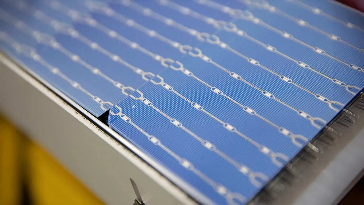FILE PHOTO: A solar cell at the Qcells North America factory in Cartersville, Georgia, U.S. June 8, 2026. REUTERS/Alyssa Pointer/File Photo