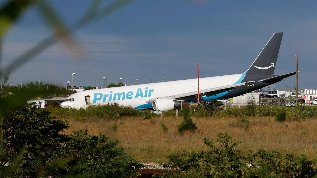 A view of an Amazon Prime Air cargo plane that airport officials said overran a runway at Miami International Airport, in Miami, Florida, U.S., September 6, 2026. REUTERS/Marco Bello
