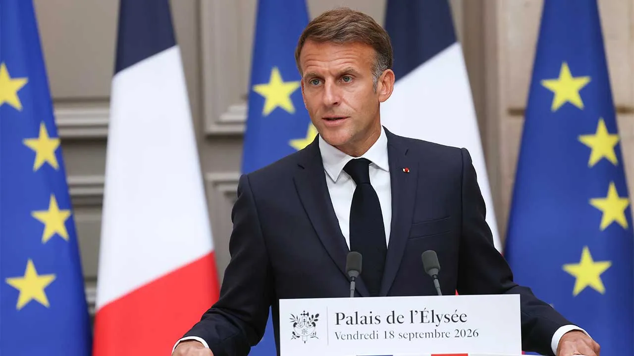 French President Emmanuel Macron gestures as he addresses the audience during a press conference following a meeting with the 2027 presidential election candidates and party leaders focused on the geopolitical situation and its consequences, at the presidential Elysee Palace in Paris, Friday, Sept. 18, 2026. (Thomas Samson/Pool Photo via AP)