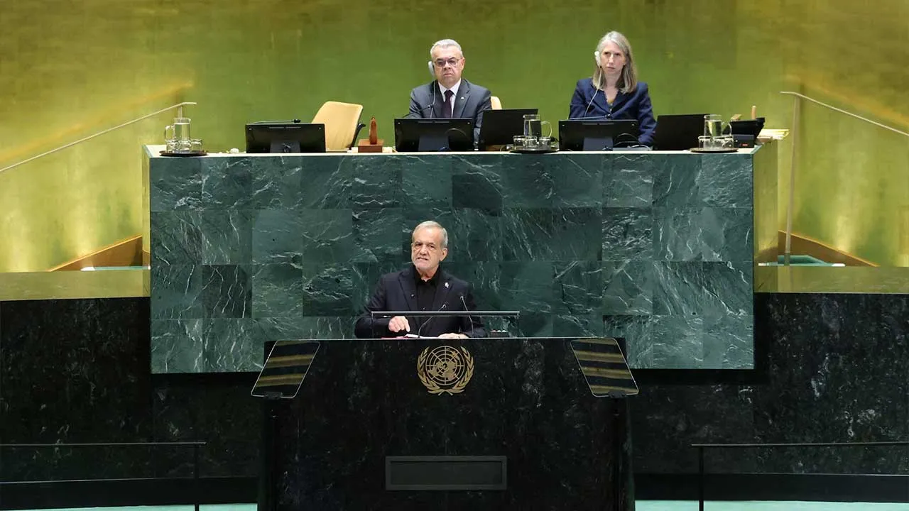 Iran's President Masoud Pezeshkian addresses the 81st United Nations General Assembly (UNGA) at UN headquarters in New York City, US, September 23, 2026. REUTERS/CAITLIN OCHS