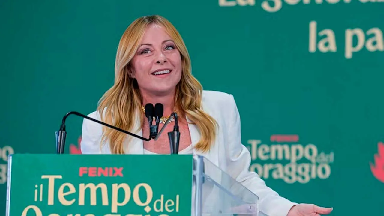 Italy's Prime Minister Giorgia Meloni attends at Fenix, the FdI youth festival, in Rome, Sunday, Sept. 20, 2026. (Valentina Stefanelli/LaPresse via AP)
