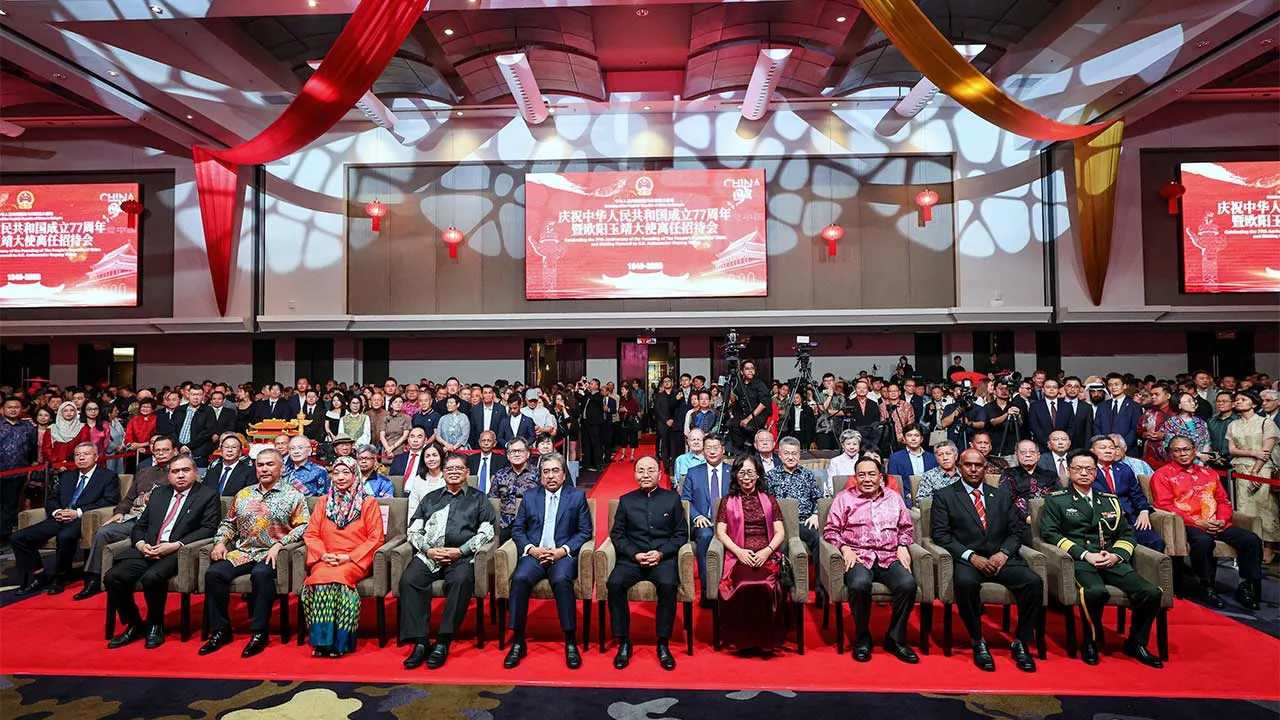 KUALA LUMPUR, Sept 28 - Investment, Trade and Industry Minister, Datuk Seri Johari Abdul Ghani (first row, fifth left) and Chinese Ambassador to Malaysia Ouyang Yujing (first row, fifth right) having a group photo with the guests during Celebrating the 77th Anniversary of the Founding of The People's Republic of China and Bidding Farewell to H.E. Ambassador Ouyang Yujing here today. Also present Deputy Communications Minister Teo Nie Ching (second row, fourth left). - fotoBERNAMA (2026) COPYRIGHT RESERVED