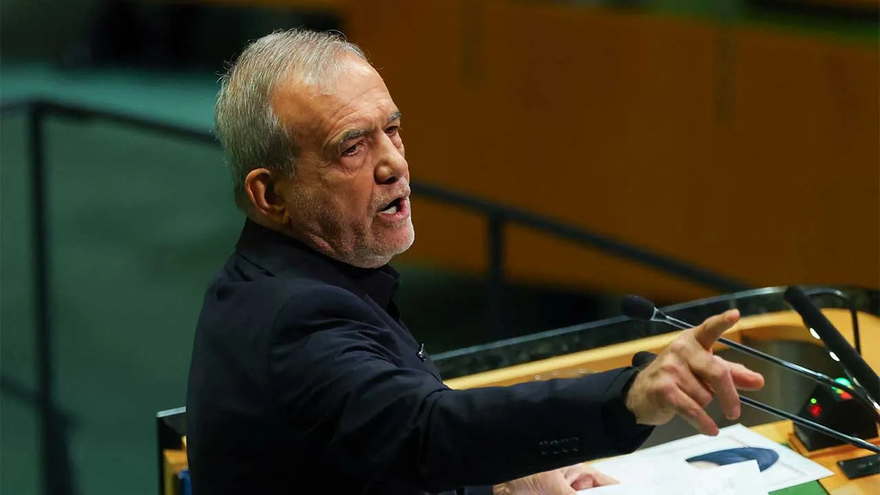 Iran's President Masoud Pezeshkian addresses the 81st United Nations General Assembly (UNGA) at UN headquarters in New York City, US, September 23, 2026. REUTERS/MIKE SEGAR