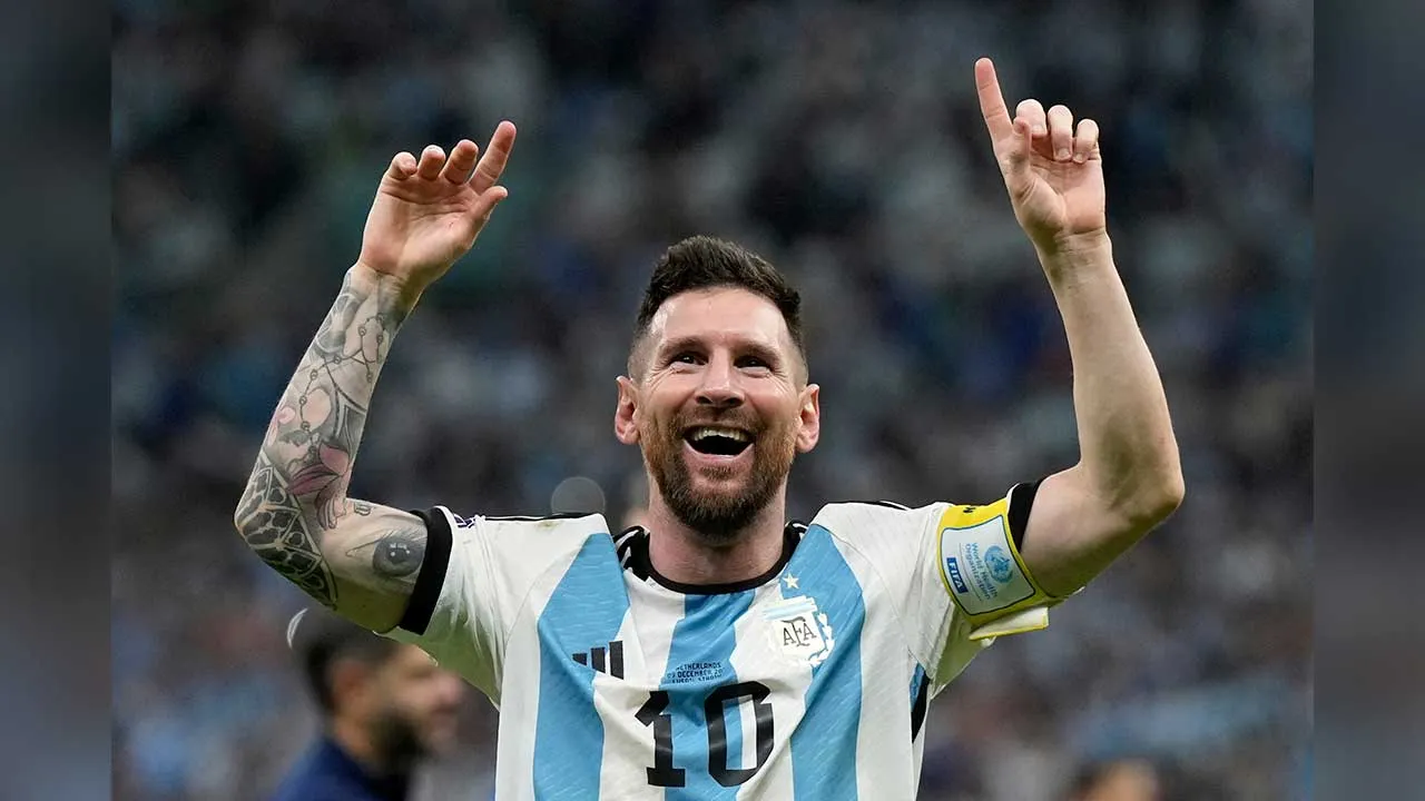 FILE - Argentina's Lionel Messi celebrates at the end of the World Cup quarterfinal soccer match against the Netherlands in Lusail, Qatar, Dec. 10, 2022. (AP Photo/Ricardo Mazalan, File)
