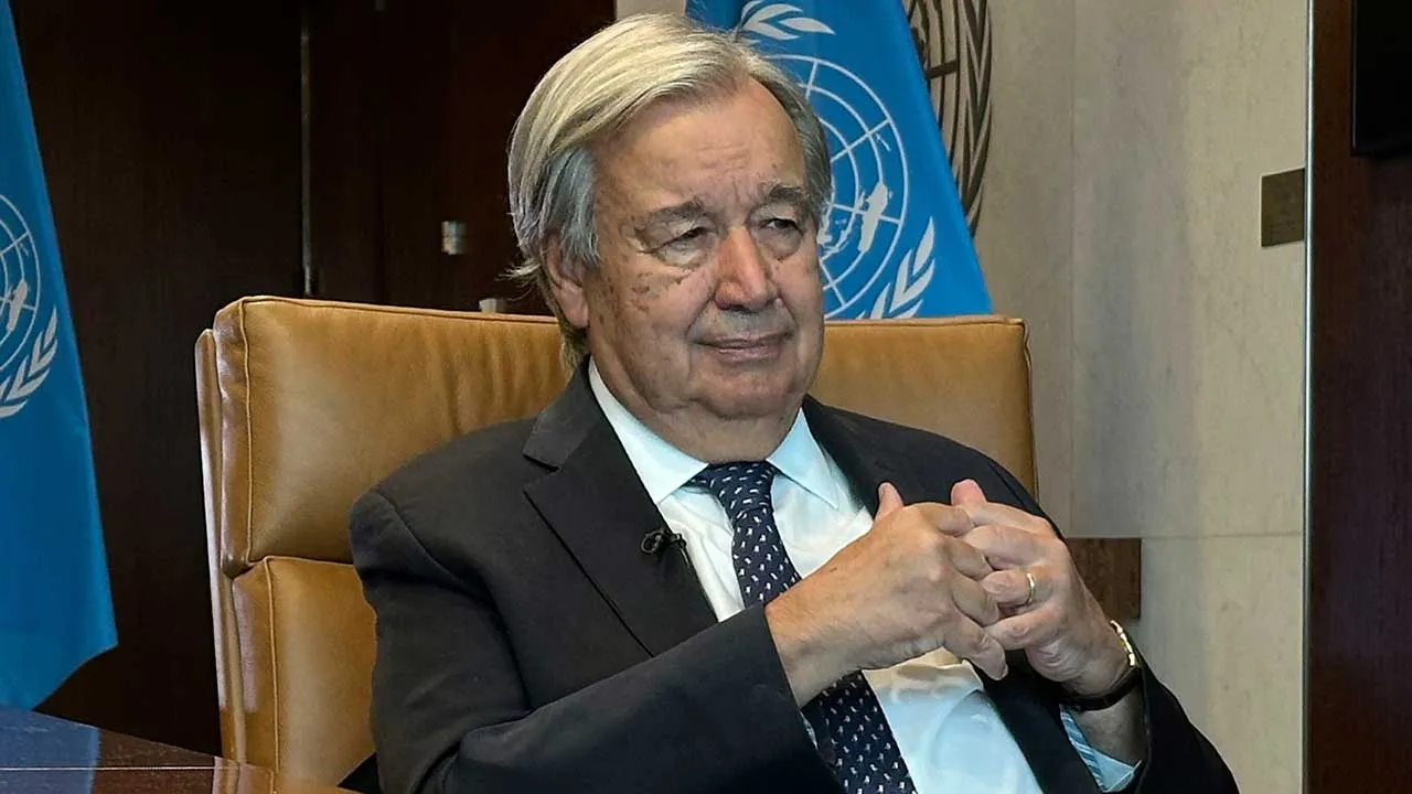 The United Nations Secretary-General Antonio Guterres speaks during an interview with The Associated Press at the United Nations headquarters, Thursday, Sept. 17, 2026. (AP Photo/David R Martin)