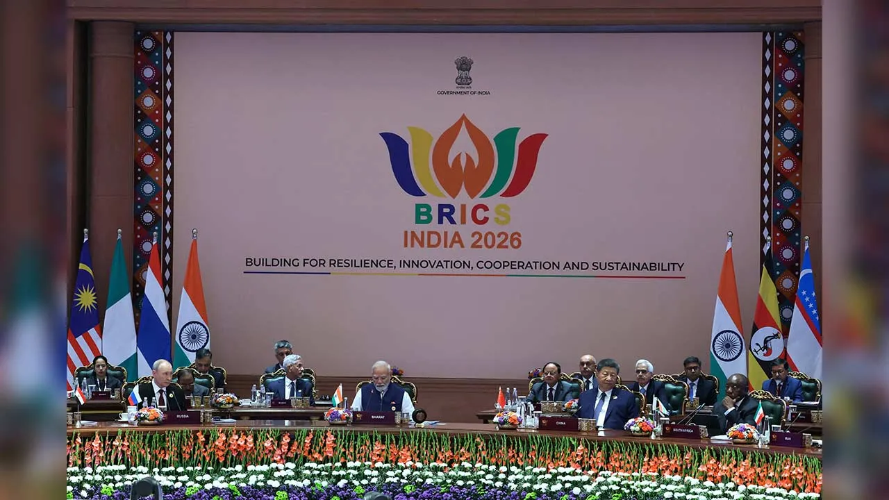 Russian President Vladimir Putin, Indian Prime Minister Narendra Modi, Chinese President Xi Jinping and South African President Cyril Ramaphosa attend a session on day two of the BRICS Summit in New Delhi, India, September 13, 2026. Sputnik/Alexander Kazakov/Pool via REUTERS ATTENTION EDITORS - THIS IMAGE WAS PROVIDED BY A THIRD PARTY.