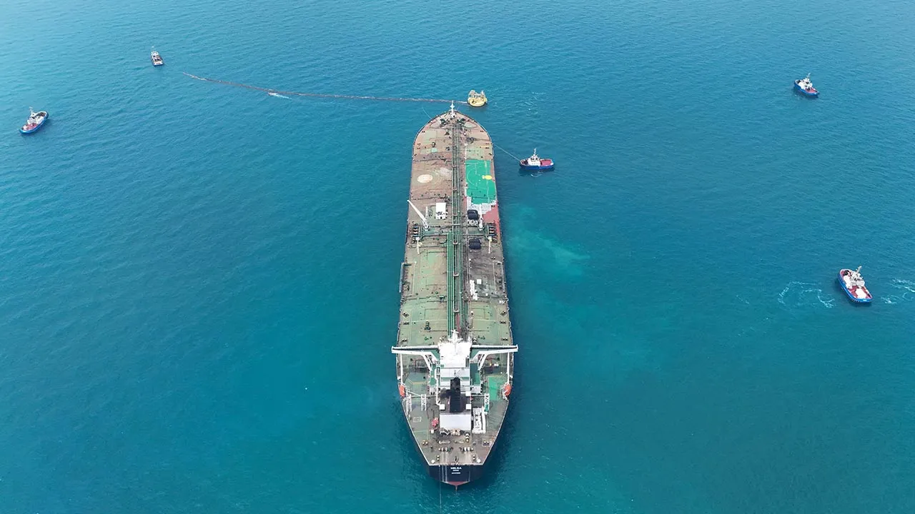 FILE PHOTO: Drone view of oil tanker HELGA berthed at one of Iraq's southern offshore oil terminals near Basra, as it prepares to load crude oil, April 24, 2026. REUTERS/Mohammed Aty/File Photo