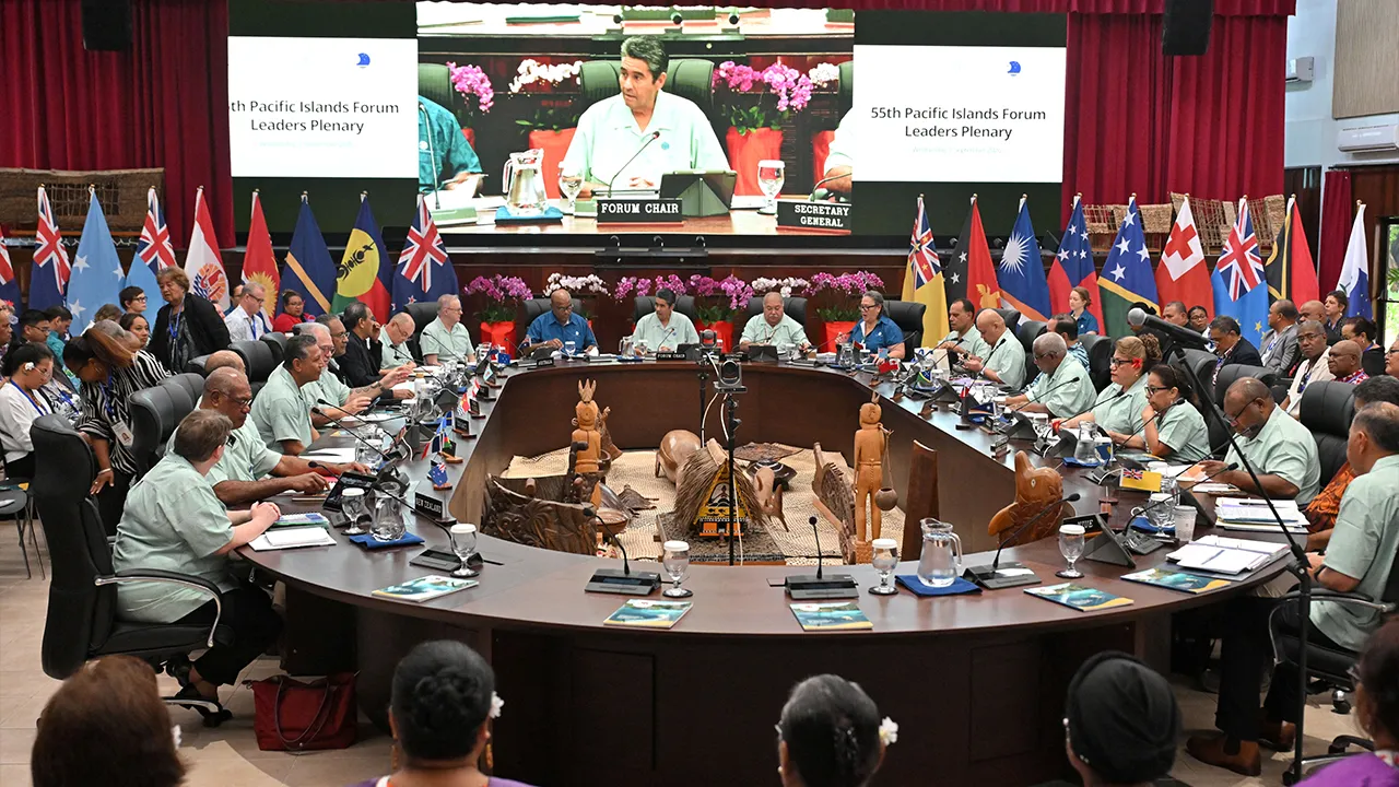 Pacific leaders attend the Leaders Plenary during the 55th Pacific Islands Forum Leaders Meeting in Koror, Palau, September 2, 2026. AAP Image/Mick Tsikas via REUTERS ATTENTION EDITORS - THIS IMAGE WAS PROVIDED BY A THIRD PARTY. NO RESALES. NO ARCHIVE. AUSTRALIA OUT. NEW ZEALAND OUT. NO COMMERCIAL OR EDITORIAL SALES IN NEW ZEALAND. NO COMMERCIAL OR EDITORIAL SALES IN AUSTRALIA.