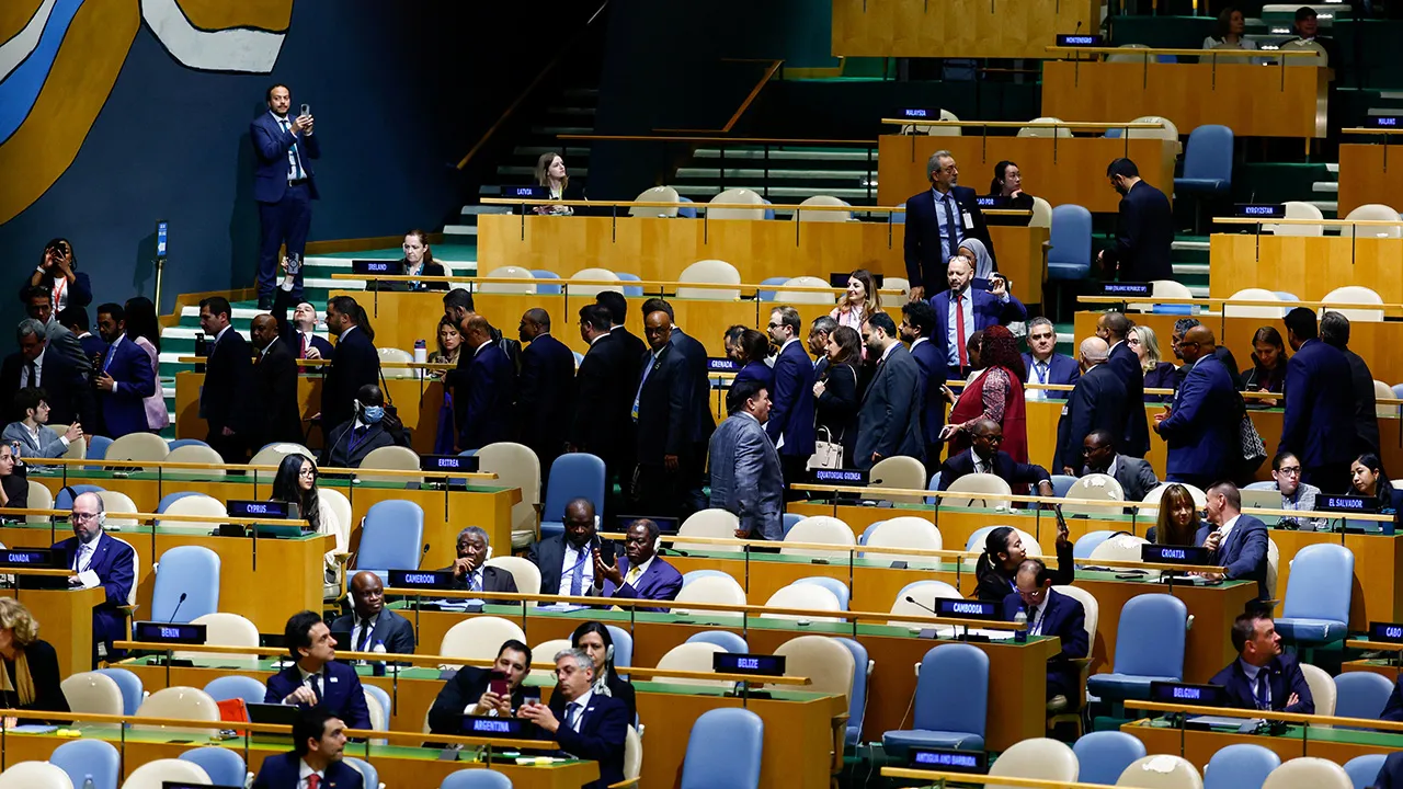 Delegates walk out as Israel's Prime Minister Benjamin Netanyahu addresses the 81st United Nations General Assembly at UN headquarters in New York City, US, September 24, 2026. REUTERS