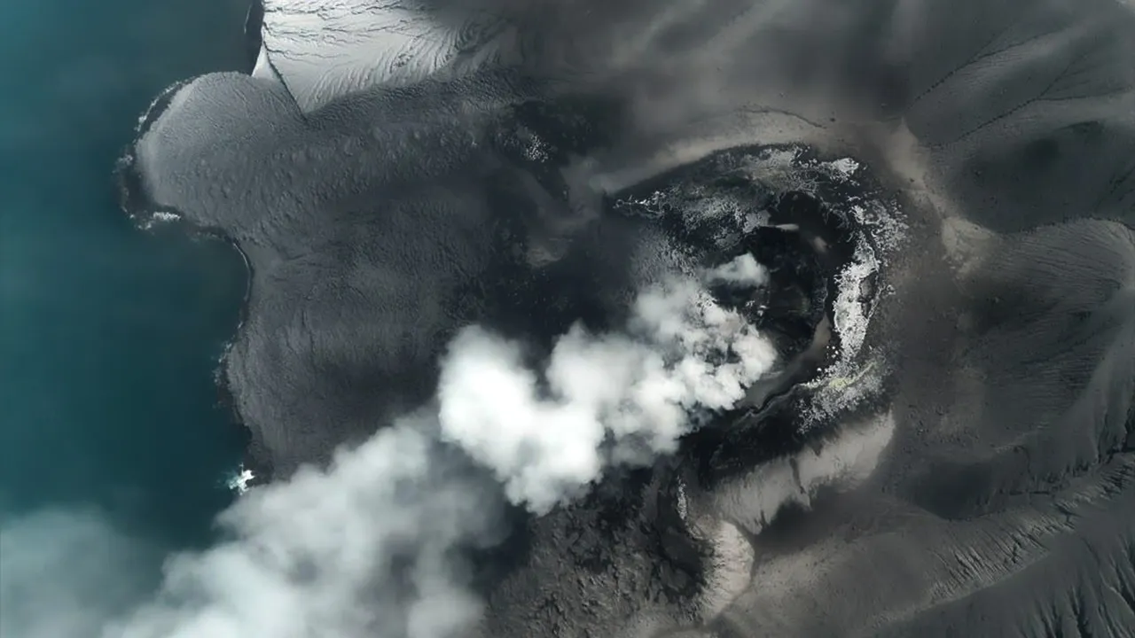In this drone photo released by the Geological Agency (Badan Geologi) of Indonesia's Ministry of Energy and Mineral Resources, Mount Anak Krakatau spews volcanic smoke in Sunda Strait, Indonesia, Saturday, Sept. 5, 2026. (Badan Geologi via AP)