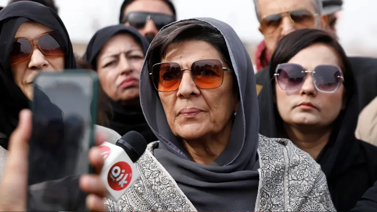 Aleema Khanum, pictured in January 2025 outside Adiala jail, speaking to the media after her brother's jail sentence./ Reuters