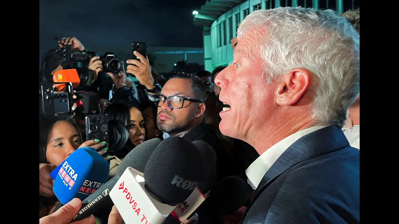 U.S. Energy Secretary Chris Wright addresses members of the media as he arrives in Maiquetia, Venezuela, September 1, 2026