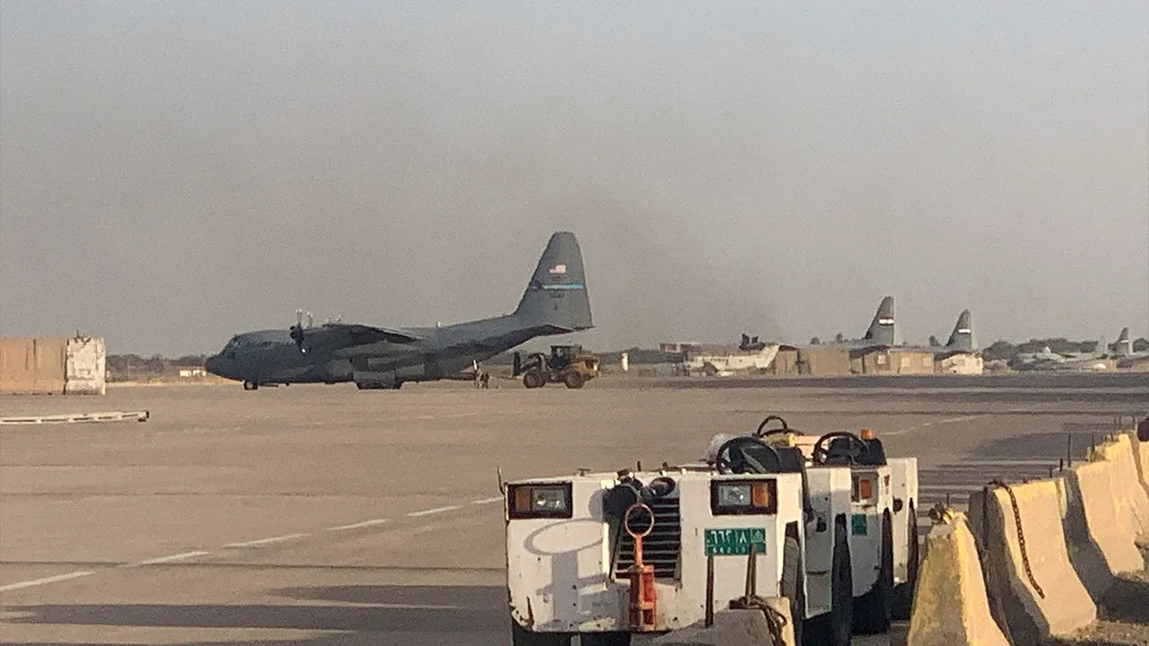 A US military transport aircraft stands at Camp Victory near Baghdad International Airport in Baghdad, Iraq, September 29, 2026. US forces are set to withdraw from their last bases in Iraq by September 30, ending more than two decades of military presence in the country. Picture taken with a mobile phone. REUTERS/Stringer