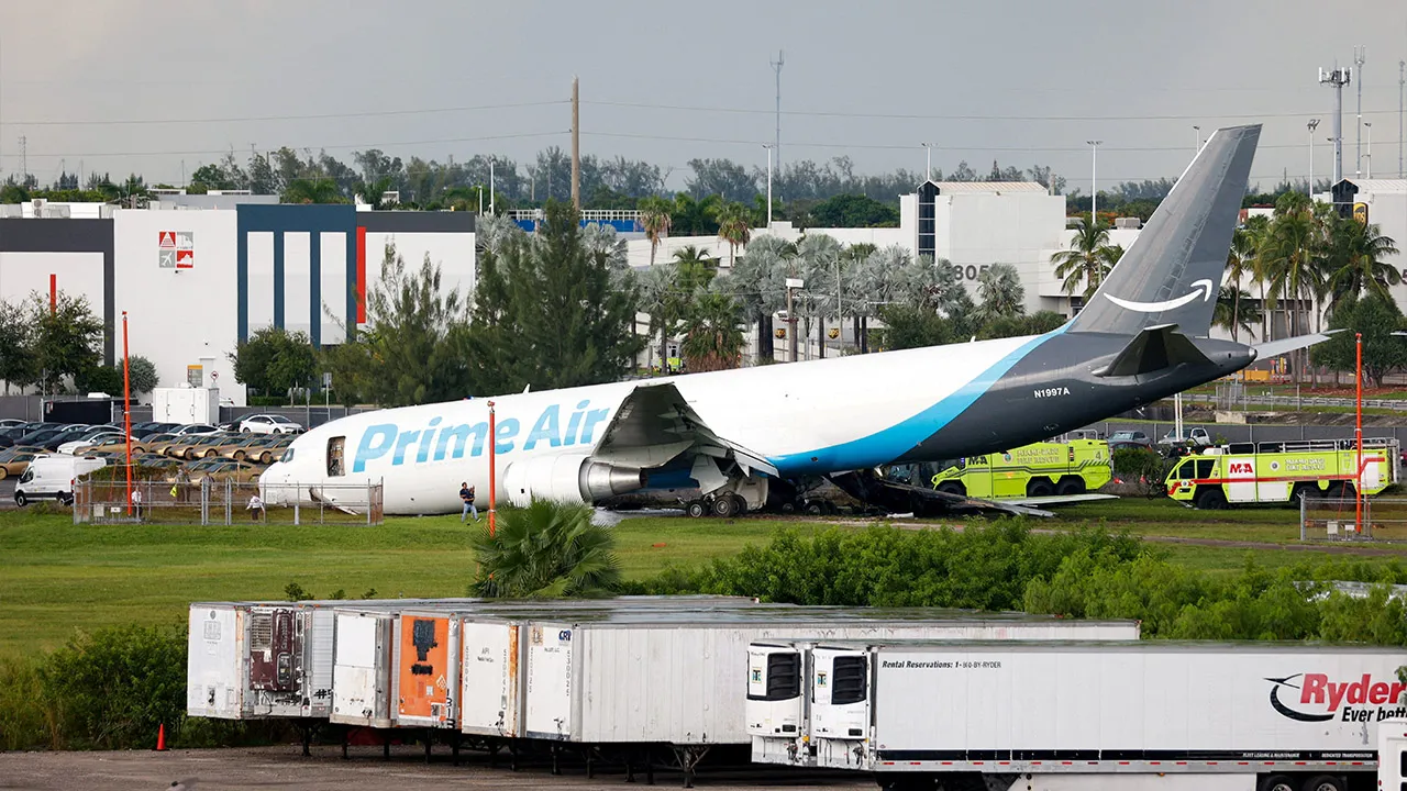A view of an Amazon Prime Air cargo plane that airport officials said overran a runway at Miami International Airport, in Miami, Florida, U.S., September 6, 2026. REUTERS/Marco Bello