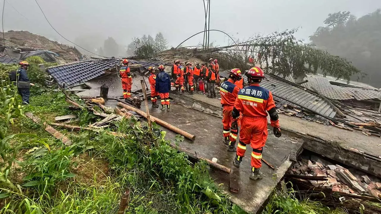 In this photo released by Xinhua News Agency, rescuers conduct a rescue operation at the site of a mudslide following days of heavy rain from tropical cyclone Saudel in Suichuan County of Ji'an City, east China's Jiangxi Province on Saturday, Sept. 5, 2026. (China Anneng Group Second Engineering Bureau Co., Ltd./Xinhua via AP)