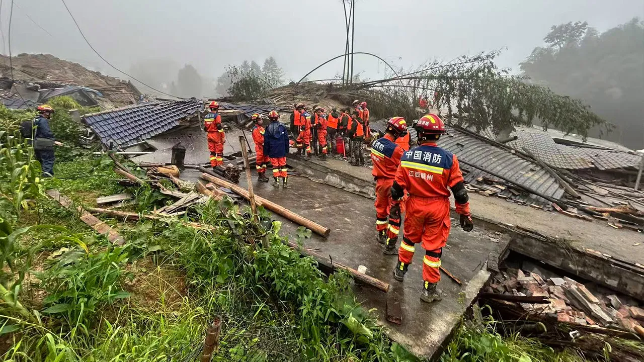 In this photo released by Xinhua News Agency, rescuers conduct a rescue operation at the site of a mudslide following days of heavy rain from tropical cyclone Saudel in Suichuan County of Ji'an City, east China's Jiangxi Province on Saturday, Sept. 5, 2026. (China Anneng Group Second Engineering Bureau Co., Ltd./Xinhua via AP)