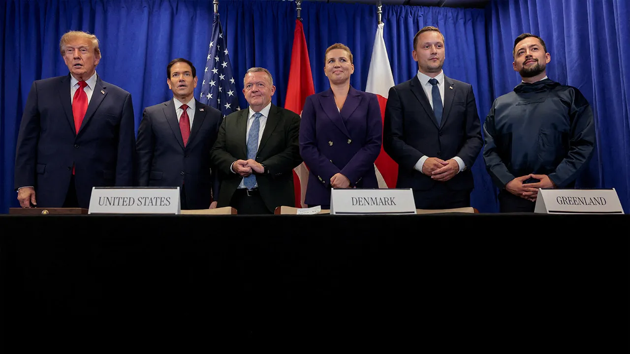 US President Donald Trump, US Secretary of State Marco Rubio, Denmark's Prime Minister Mette Frederiksen, Denmark's Foreign Minister Lars Loekke Rasmussen, Greenland Prime Minister Jens-Frederik Nielsen, and Greenland's Minister for Foreign Affairs Mute B. Egede pose together during a trilateral signing event regarding a deal on Greenland's security, during the 81st United Nations General Assembly (UNGA), in New York City, US, September 22, 2026. REUTERS/Kylie Cooper