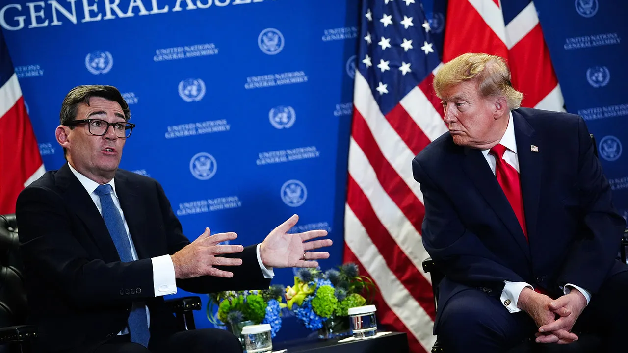 President Donald Trump meets with Britain's Prime Minister Andy Burnham during the United Nations General Assembly, Tuesday, Sept. 22, 2026, at the UN headquarters. (AP Photo/Julia Demaree Nikhinson)