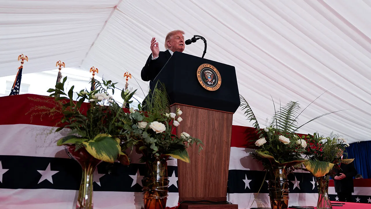 U.S. President Donald Trump delivers remarks to U.S. embassy personnel and business leaders at Deerfield Residence, the residence of the U.S. Ambassador to Ireland, in Dublin, Ireland, September 12, 2026. REUTERS/Kylie Cooper