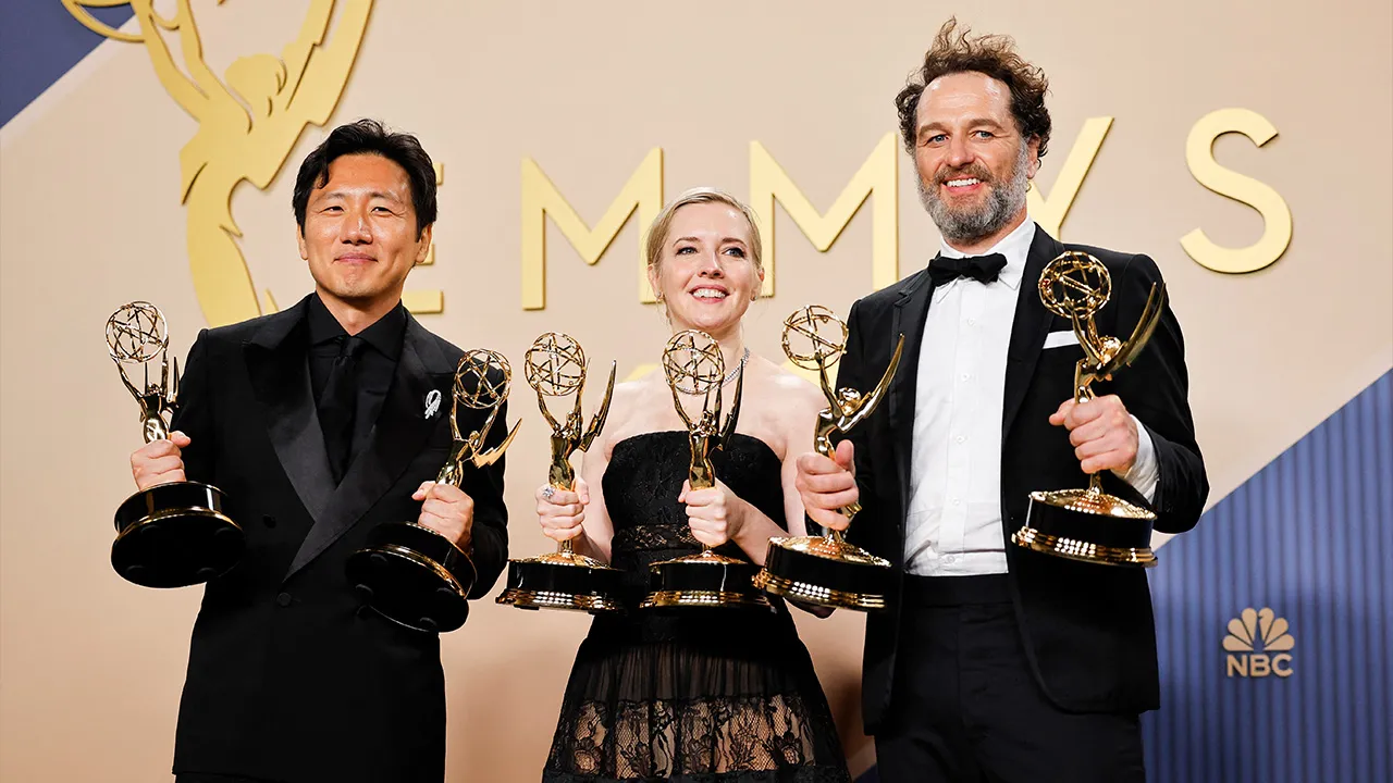 Hiro Murai, winner of the Outstanding Directing for a Comedy Series Award for "Widow's Bay", Katie Dippold, winner of the Outstanding Writing for a Comedy Series Award for "Widow's Bay" and Matthew Rhys, winner of the Outstanding Lead Actor in a Comedy Series Award for "Widow's Bay" and winner of the Outstanding Lead Actor in a Limited or Anthology Series or Movie Award for "The Beast in Me," pose with their awards during the 78th Primetime Emmy Awards in Los Angeles, California, U.S., September 14, 2026. R