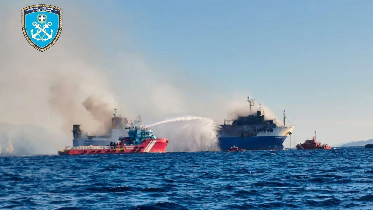 Firefighting vessel extinguishes which broke out at the Blue Carrier 2 vessel, off Mykonos, Greece, September 25, 2026. Hellenic Coast Guard/Handout via REUTERS