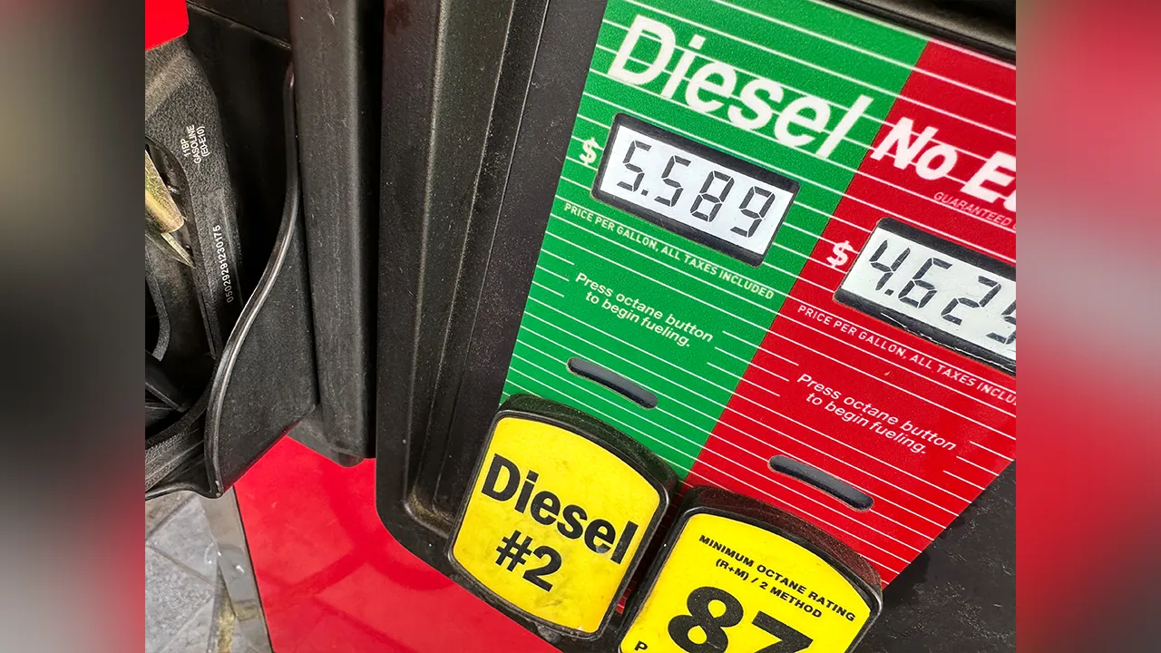 The per-gallon price for diesel fuel is displayed electronically on a pump at a QuikTrip station Tuesday, Sept. 15, 2026, in Greenwood Village, Colo. (AP Photo/David Zalubowski)