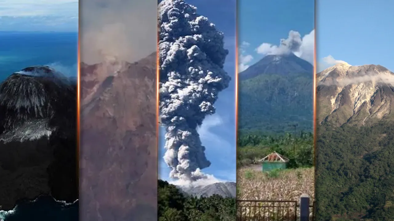 Gunung Anak Krakatau di Selat Sunda, Gunung Semeru di Jawa Timur, Gunung Ibu di Maluku Utara, Gunung Lewotobi Laki-laki serta Gunung Ile Lewotolok di Nusa Tenggara Timur.