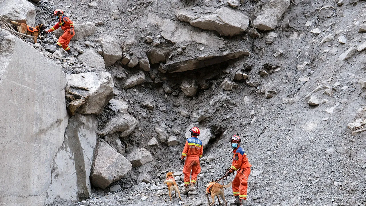 Firefighters and sniffer dogs conduct a search for missing people along a road leading towards Gyirong Port after a mudslide, in Shigatse, Tibet Autonomous Region, China August 30, 2026. cnsphoto via REUTERS 