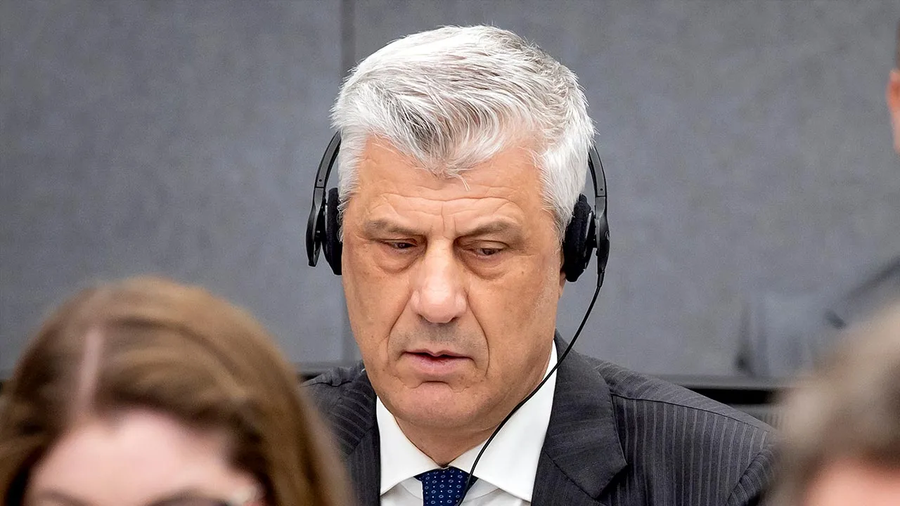 FILE - Former Kosovo president Hashim Thaci, top left, appears before the Kosovo Tribunal as he defends himself against charges including murder, torture and persecution allegedly committed during his country's war for independence from Serbia in the Hague, on April 3, 2023. (Koen van Weel/Pool via AP, File)