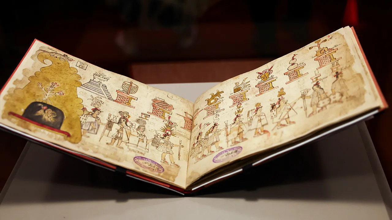 The Codex Azcatitlan, a rare 16th-century manuscript on loan from France's National Library, is displayed at the National Museum of Anthropology in Mexico City, Mexico, September 17, 2026. REUTERS