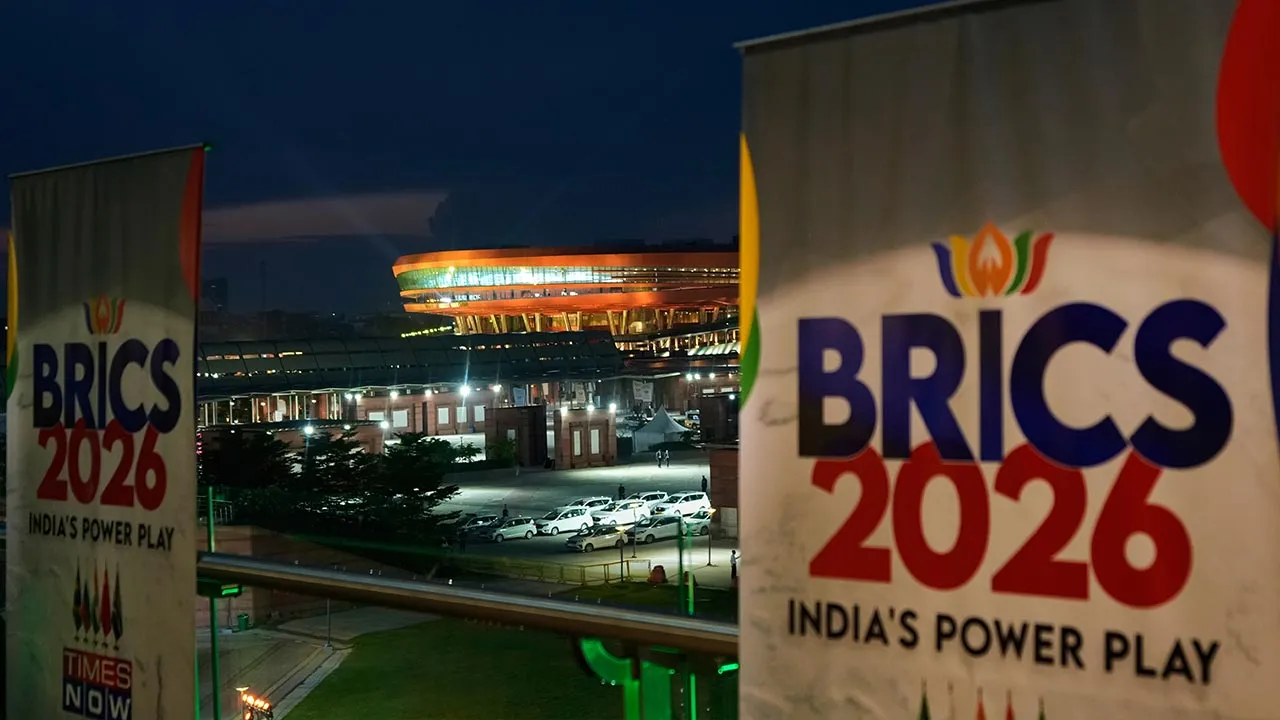 An illuminated Bharat Mandapam, the main venue of the BRICS summit is seen in New Delhi, India, Saturday, Sept. 12, 2026. (AP Photo/Mukhtar Khan)