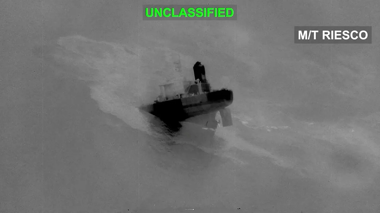 An Iranian crude oil carrier identified as M/T Riesco sinks after being struck, which U.S. Central Command says it targeted after attempted Iranian missile attacks on a U.S. Navy warship over the past two days, at a location given as the Gulf of Oman, in this still image taken from video released September 8, 2026. U.S. Central Command/Handout via REUTERS