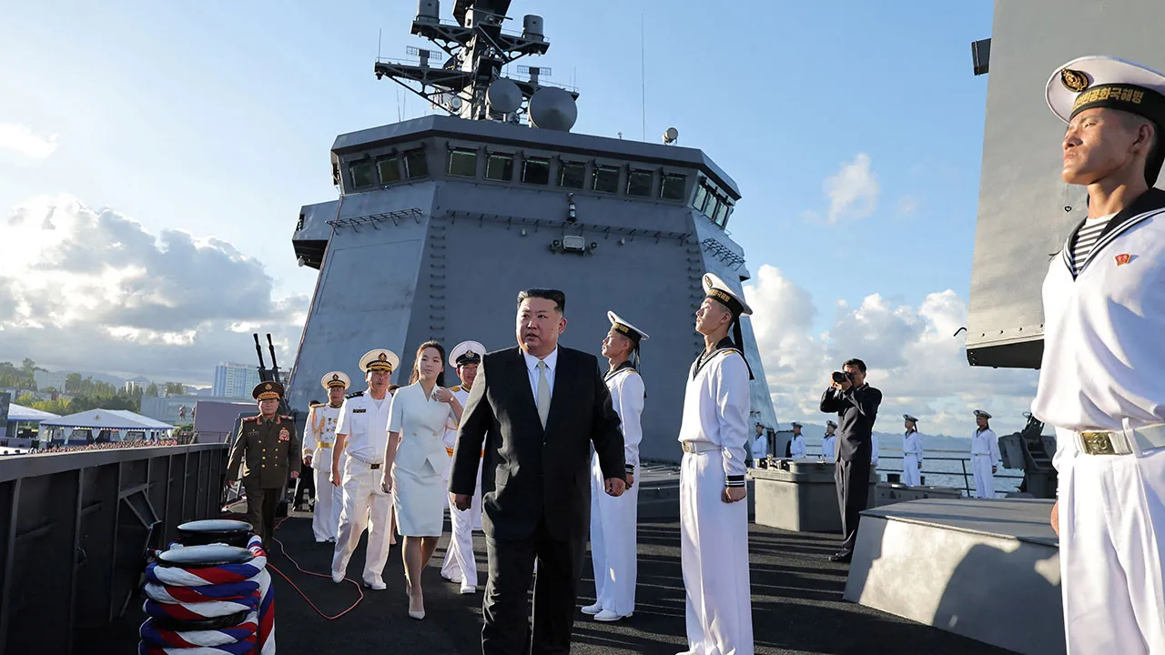 North Korean leader Kim Jong Un, accompanied by his daughter Kim Ju Ae, attends the commissioning ceremony of the destroyer "Kang Kon", at Wonsan Port, North Korea, September 6, 2026, in this picture released by North Korea's official Korean Central News Agency. KCNA via REUTERS ATTENTION EDITORS - THIS IMAGE WAS PROVIDED BY A THIRD PARTY. REUTERS IS UNABLE TO INDEPENDENTLY VERIFY THIS IMAGE. NO THIRD PARTY SALES. SOUTH KOREA OUT. NO COMMERCIAL OR EDITORIAL SALES IN SOUTH KOREA.