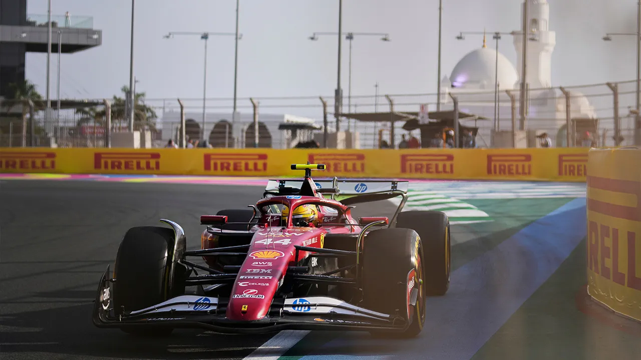FILE - Ferrari driver Lewis Hamilton of Britain steers his car during the first free practice ahead of the Formula One Saudi Arabian Grand Prix at the Jeddah Corniche Circuit in Jeddah, Saudi Arabia, Friday, April 18, 2025. (AP Photo/Altaf Qadri, File)