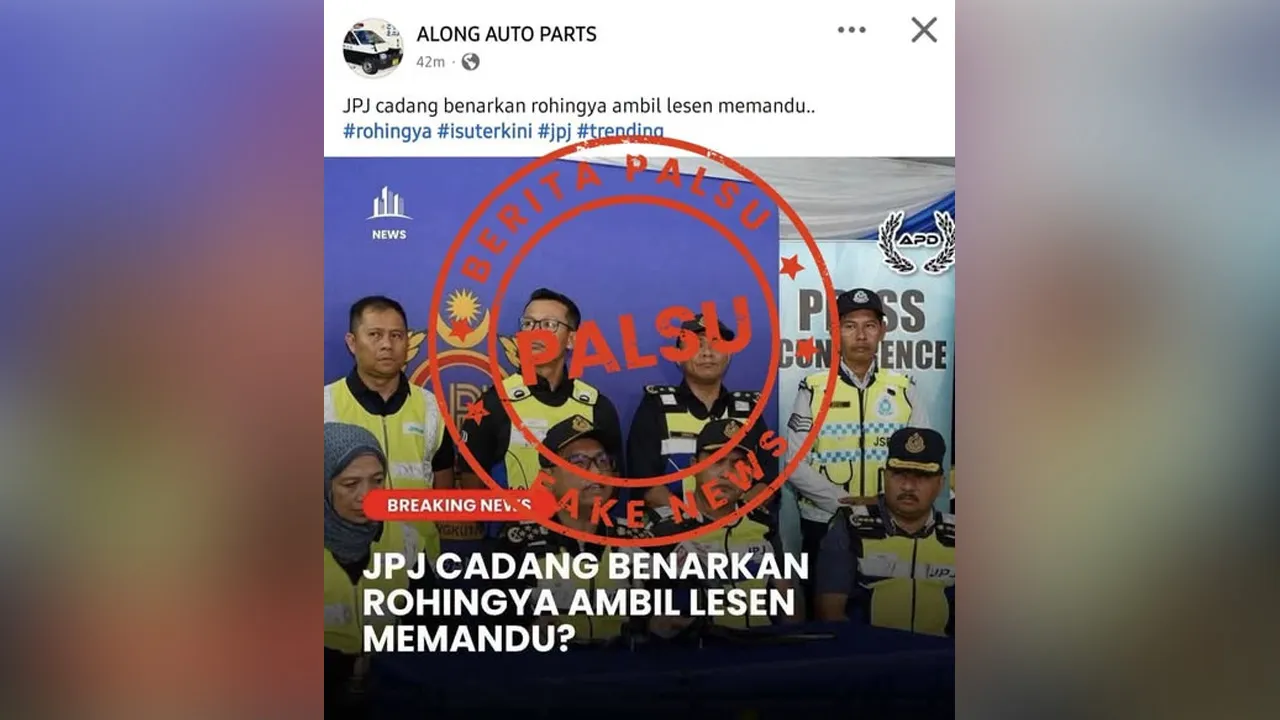 JPJ NAFI KENYATAAN TULAR DI FACEBOOK, LAPORAN KEPADA MCMC UNTUK TINDAKAN LANJUT PUTRAJAYA, 24 September 2026 – Jabatan Pengangkutan Jalan (JPJ) menafikan sekeras-kerasnya kenyataan yang disiarkan menerusi akaun Along Auto Parts dengan tajuk “JPJ Cadang Benarkan Rohingya Ambil Lesen Memandu”, menyerupai berita rasmi. kredit: FBJabatan Pengangkutan Jalan Malaysia