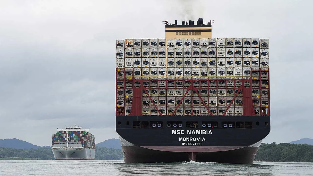 The Liberian-flagged MSC NAMIBIA and the Hong Kong-flagged OOCL POLAND Neopanamax container ships transit the Panama Canal through Gatun Lake as a lack of rainfall linked to El Nino affects the water levels, in Gamboa, Panama, August 30, 2026. REUTERS/Enea Lebrun REFILE - UPDATING TO ADD FULL NAME OF PHOTORGRAPHER IN THE BYLINE IN THE CAPTION