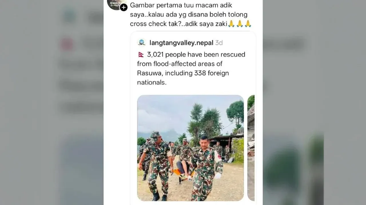 SHAH ALAM- “Gambar pertama tu macam adik saya.”  Demikian luahan seorang wanita selepas melihat gambar operasi menyelamat mangsa banjir di Rasuwa, Nepal yang memaparkan beberapa individu berjaya diselamatkan pasukan penyelamat.