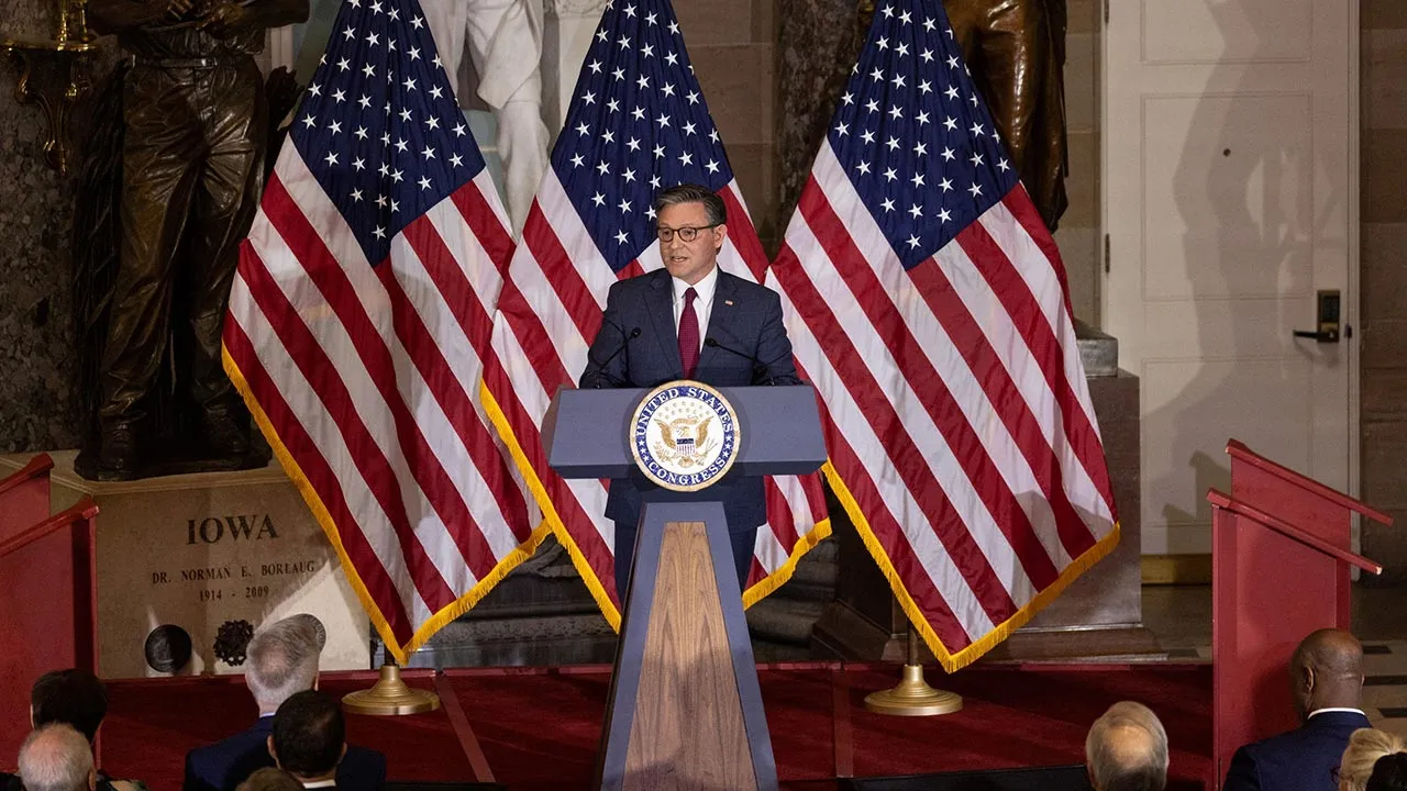 Speaker Mike Johnson (R-LA) speaks at the unveiling ceremony for Former Speaker Kevin McCarthy’s (R-CA) official portrait at the U.S. Capitol in in Washington, D.C., U.S., September 15, 2026. REUTERS/Anna Rose Layden
