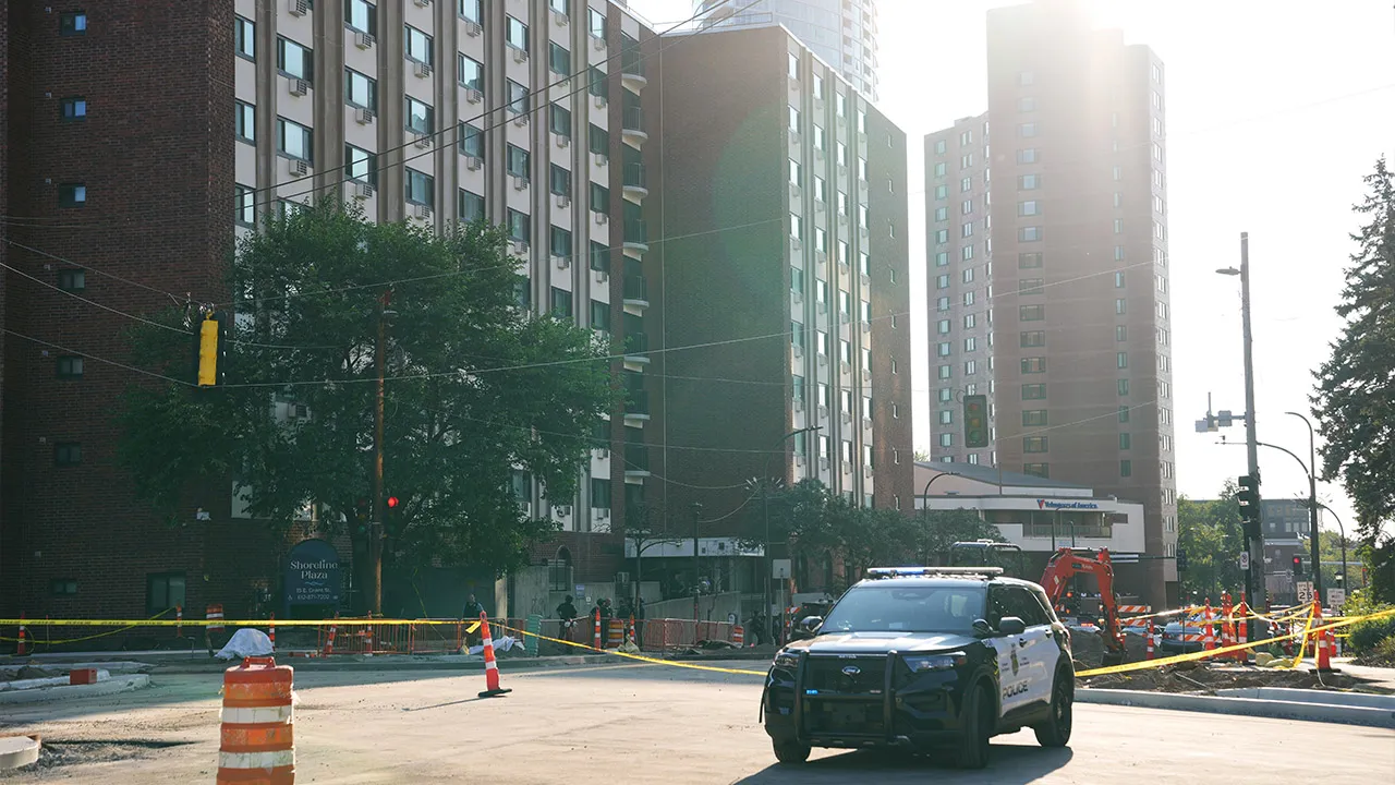 Law enforcement respond to a shooting Wednesday, Sept. 2, 2026, in downtown Minneapolis. (AP Photo/Ellen Schmidt)