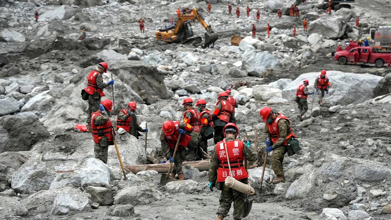 Rescue workers conduct search and rescue operations at the core disaster-hit area at Gyirong Port following the August 26 mudslide, in Shigatse, Tibet Autonomous Region, China September 2, 2026. cnsphoto via REUTERS ATTENTION EDITORS - THIS IMAGE WAS PROVIDED BY A THIRD PARTY. CHINA OUT.