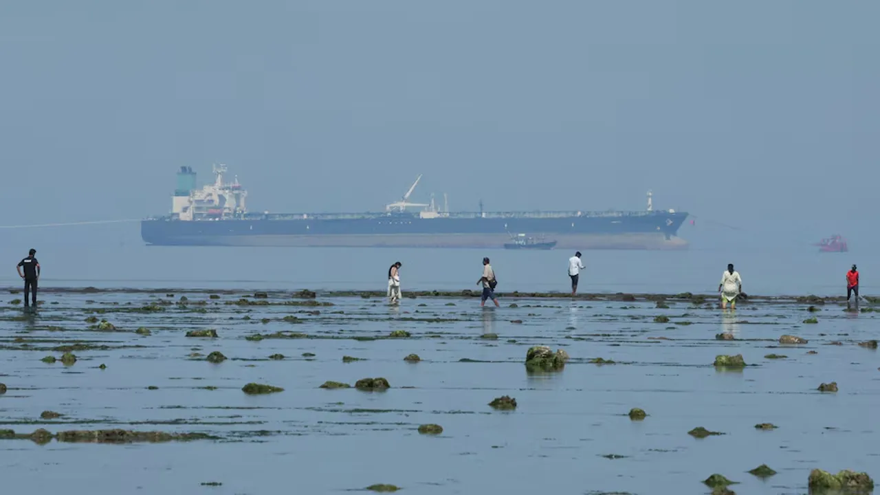 Tourists watch marine life, with the MT Desert Kite oil tanker carrying Russian oil in the background, at Narara Marine National Park in the Arabian Sea, Gujarat, India March 11 , 2026. REUTERS/Amit Dave