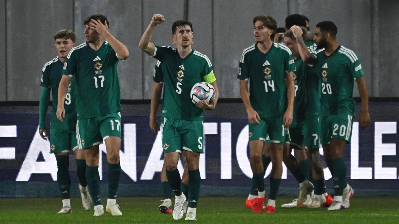 Soccer Football - Nations League - Group F - Georgia v Northern Ireland - Boris Paichadze National Stadium, Tbilisi, Georgia - September 25, 2026 Northern Ireland's Trai Hume celebrates after Shea Charles scores their first goal REUTERS/Irakli Gedenidze